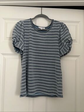Jane and Delancey Blue and White Striped Puff Sleeve Tee
